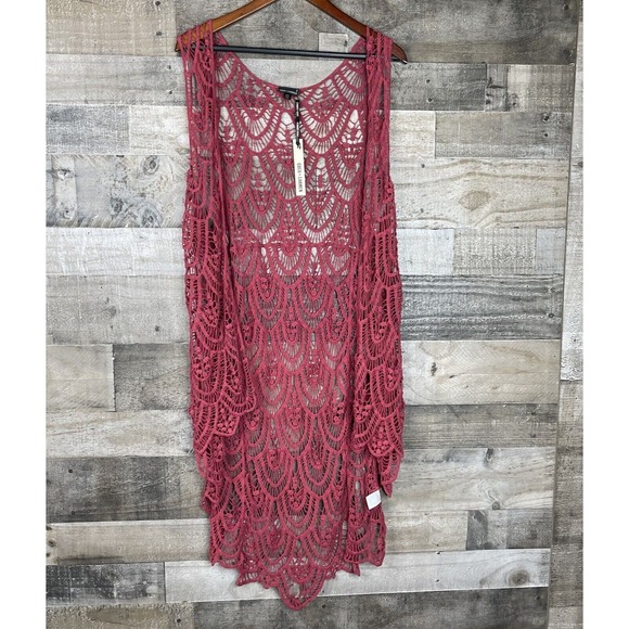 COCO‎ CARMEN Womens S M Long Red  Crochet Open Front Cardigan Duster Maxi Kimono - Picture 1 of 9